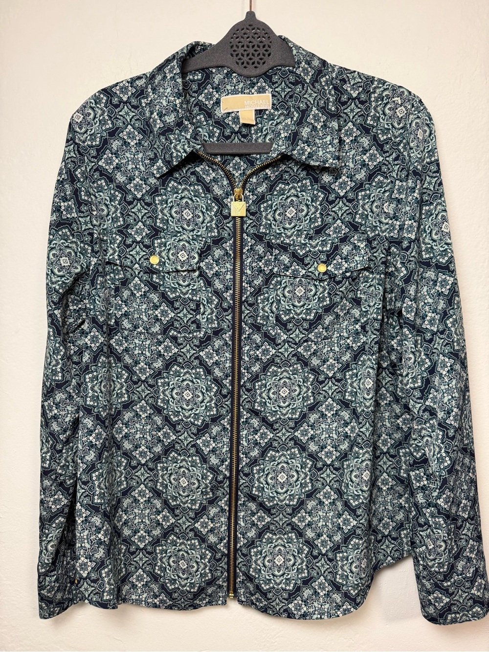 Michael Kors Women's Lock Zip Long Sleeve Shirt Geometric Blue Size L